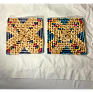 3 Vintage Woven Wicker Straw Trivet Square Hot Pad Raffia Basket Weave Flowers